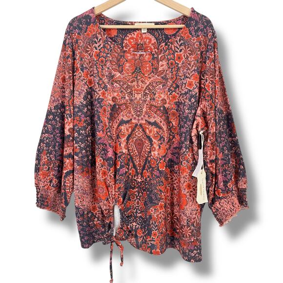 Farmers Market Deco Tie Waist Jacobean Floral Embellished Shirt Plus Size 3X - Picture 1 of 9